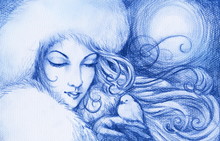 Winter-woman Holding In Hand A Small Bird.