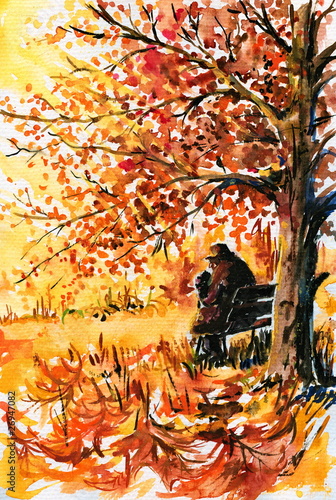 Naklejka - mata magnetyczna na lodówkę Autumn-old,lonely man on the bench.