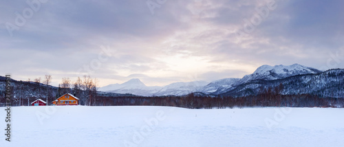 Obraz na płótnie canvas czteroczęściowy "tetraptyk" Norweska zimowa panorama.