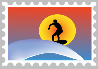 Wall Mural - illustration of a stamp with a surfer