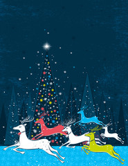 Wall Mural - Running christmas deers in the blue forest