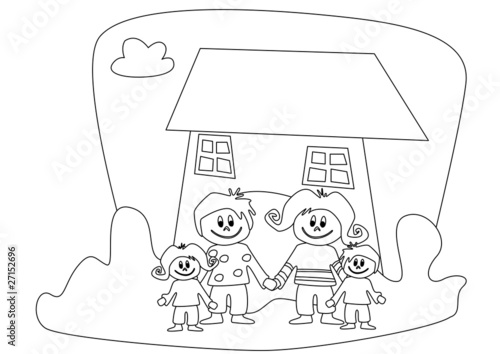 Familie Vor Haus Zum Ausmalen Stock Illustration Adobe Stock