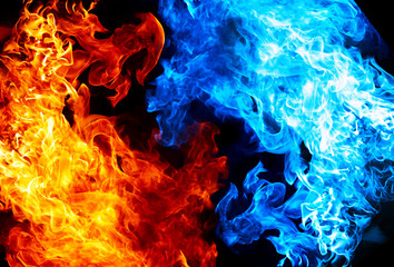 Red and blue fire on balck background