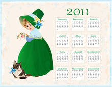 Vintage  Style  Calendar 2011 With Cat And Girl