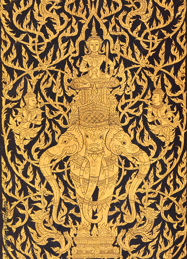 Tissu D'art Sérigraphié Hindou — éléphant Dieu Erawan, Fait Main En Thaïlande