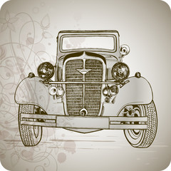 old classic car & floral pattern - vector illustration