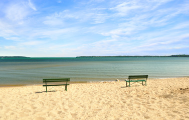Wall Mural - lake Michigan empty beach with benches