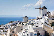 Traditional Windmills In Village Oia Of Cyclades Island Santorin