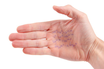 hand with mathematical equations