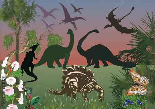 Naklejka samoprzylepna Dinozaury w zielonym lesie