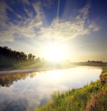 River Landscape With Sunrise