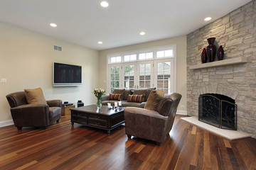 Family room with stone fireplace