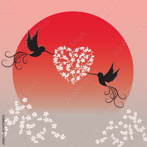 Obraz w ramie Two birds holding sakura's branches in form of heart