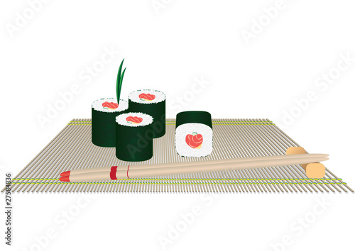 Naklejka dekoracyjna Rolls and chopsticks on a straw cloth