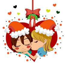 Girl Kissing Boy Under Mistletoe Branch On Christmas