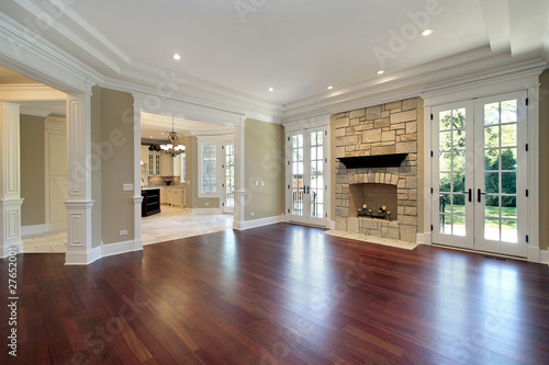 Cuadros en Lienzo Living room with stone fireplace
