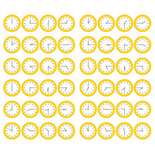 Yellow Clocks Showing All 12 Hours At 15 Minute Intervals