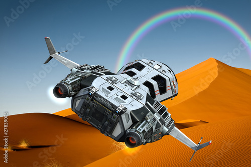 Fototapeta na wymiar spaceship flying on desert of rainbow