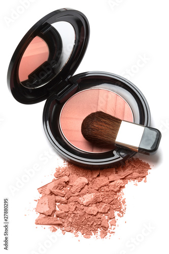 Fotografie, Obraz Compact powder blush box with mirror and brush isolated on white