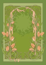 Vector Template Of Art Deco Poster With Tulips And Ribbon.