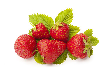 Five strawberries with leaf isolated on white