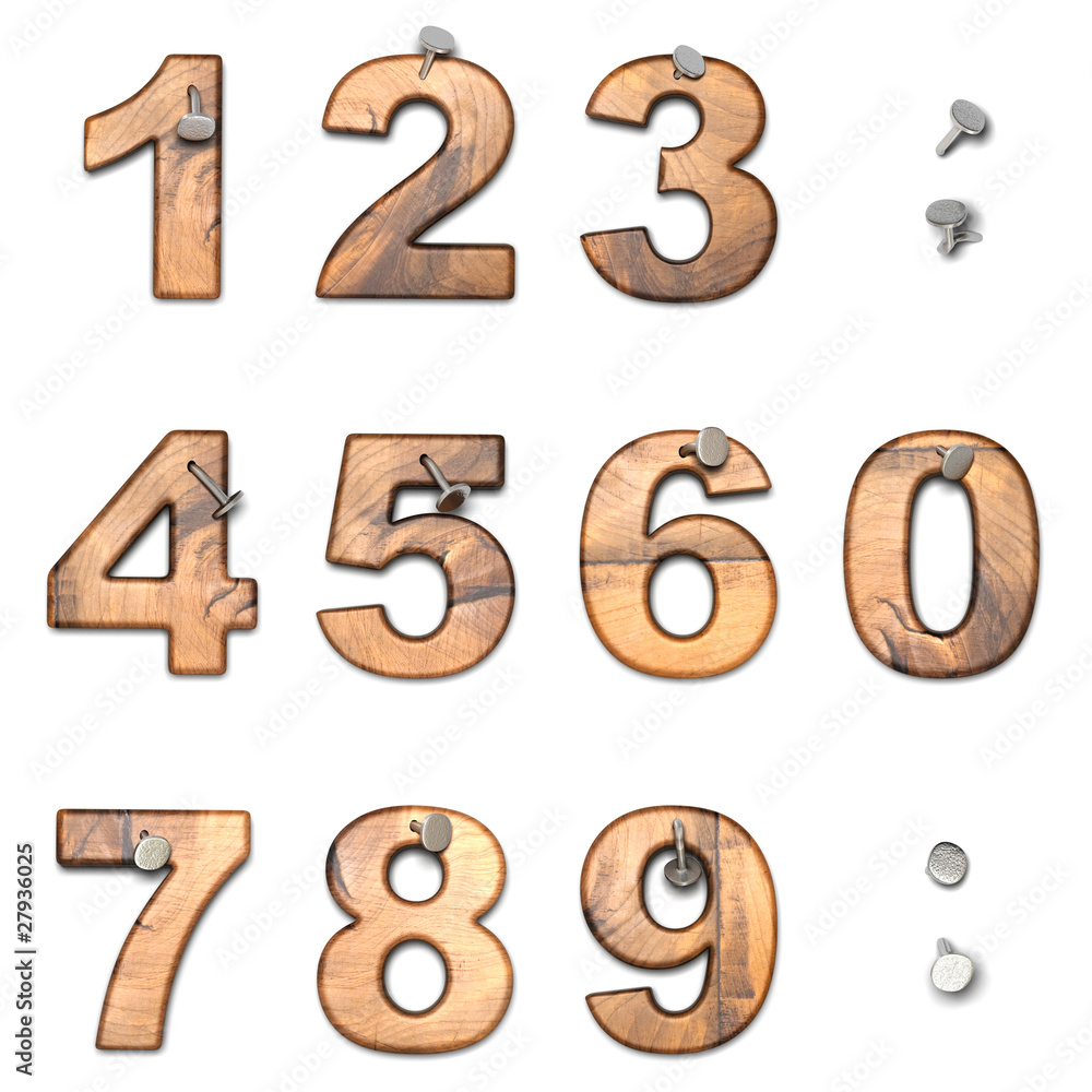 numéros 1,2,3,4,5,6,7,8,9,0 en bois sur fond blanc Stock  