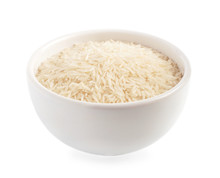 Uncooked Rice In A Ceramic Bowl Isolated On White