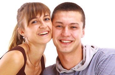 Happy smiling couple in love, over white background