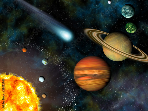 Plakat na papierze fotorealistycznym 3d układ słoneczny tapeta zawiera słońce i dziewięć planet.