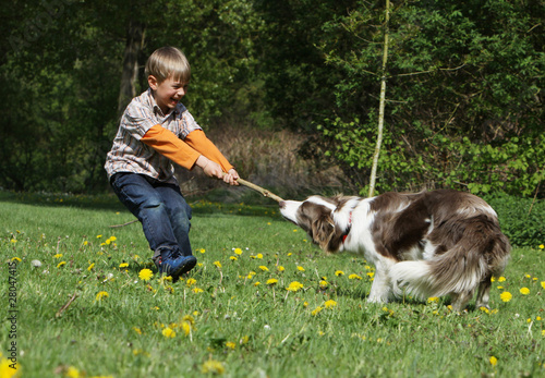 Fotografía enfant et chien se disputant un bâton - boy and dog