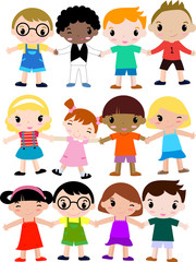 Sticker - Goup of colorfully dressed, ethnically diverse children,