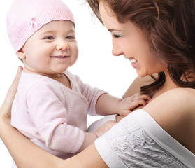Wall Mural - woman and baby on white background