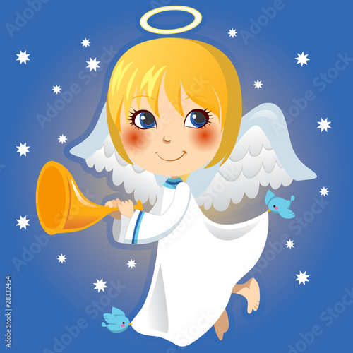 Foto-Banner aus PVC - Cute little angel announcing Christmas with a trumpet (von Kakigori Studio)