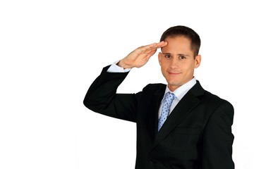 Young handsome business man saluting