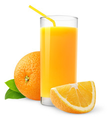 Leinwandbilder - Isolated fruit drink. Glass of fresh juice and orange slices isolated on white background