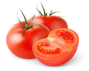 Aufkleber - Isolated tomato. Two fresh tomatoes and a half isolated on white background