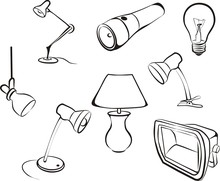 Lamp, Bulb, Electric Set Sketch In Black Lines