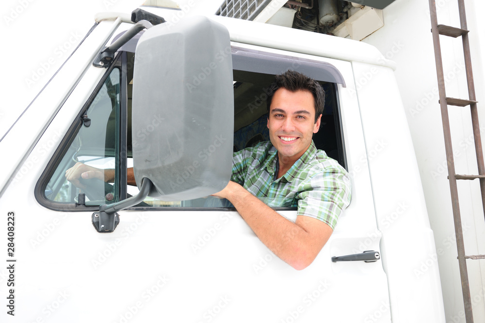 happy truck driver - obrazy, fototapety, plakaty 