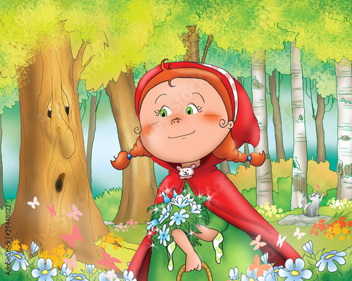 Naklejka na szybę Cappuccetto Rosso raccoglie fiori nel bosco