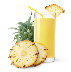 Wall Mural - Isolated fruit drink. Glass of pineapple juice and slices of pineapple isolated on white background