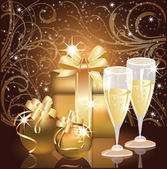 Wall Mural - Christmas greeting card, Champagne with xmas ball. vector