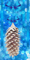 blue background with silvery pine cone