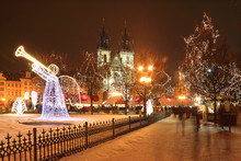 Christmas Mood On Snowy Old Town Square, Prague, Czech Republic