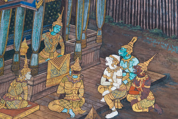 Masterpiece of traditional Thai style painting art  on temple wa