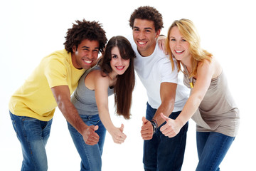 a group of two black boys and two caucasian girls with thumbs up