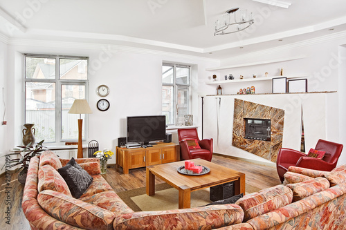 Modern Art Deco Style Drawing Room Interior With Fireplace And T