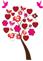 Canvas Print - love tree with red hearts, flowers and pink doves