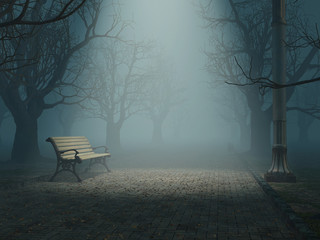 Wall Mural - lonely bench in misty park