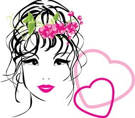 Wall Mural - Portrait of woman with bouquet in hair. Valentines icon. Vector