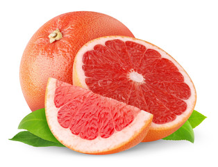 Leinwandbilder - Isolated grapefruit. Cut pink grapefruits with leaves isolated on white background